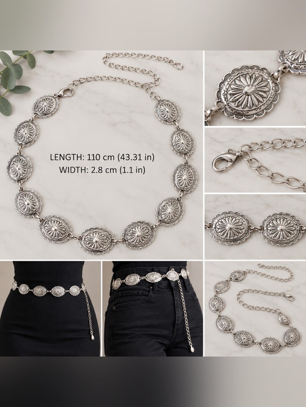 Silver Floral Medallion Concho Chain Belt - Boho Western New